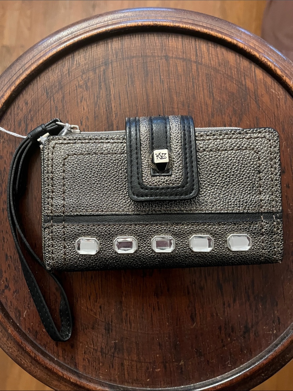 Kathy Van Zeeland Metallic Gunmetal Black Wristlet Phone Case with Gem Accents